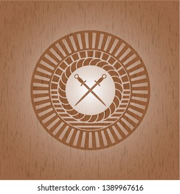 crossed swords icon inside realistic wooden emblem