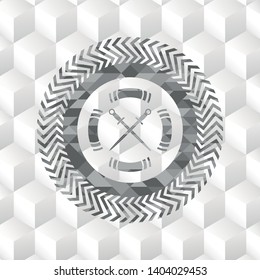 crossed swords icon inside realistic grey emblem with geometric cube white background