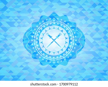 crossed swords icon inside realistic sky blue mosaic emblem