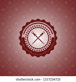 crossed swords icon inside red emblem