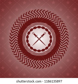 crossed swords icon inside red emblem