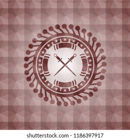 crossed swords icon inside red seamless badge with geometric background.