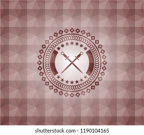 crossed swords icon inside red emblem or badge with geometric pattern background. Seamless.