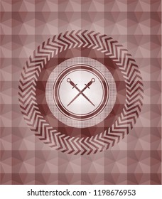 crossed swords icon inside red emblem or badge with abstract geometric pattern background. Seamless.