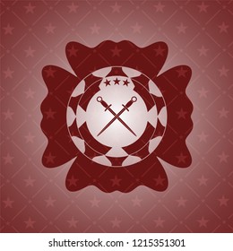 crossed swords icon inside red emblem. Retro