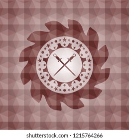 crossed swords icon inside red seamless geometric emblem.