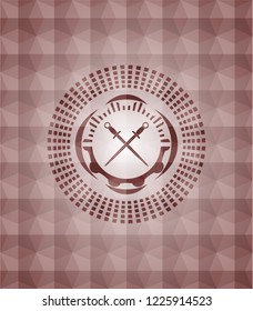 crossed swords icon inside red badge with geometric pattern. Seamless.