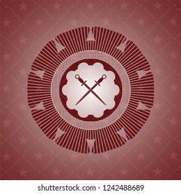 crossed swords icon inside red emblem