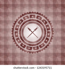 crossed swords icon inside red polygonal badge. Seamless.
