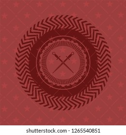 crossed swords icon inside red emblem. Vintage.