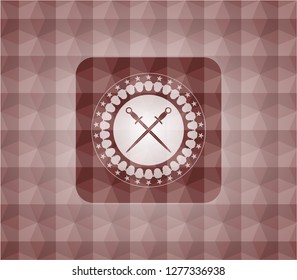 crossed swords icon inside red badge with geometric pattern. Seamless.