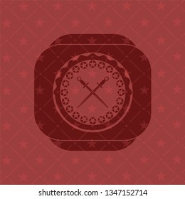 crossed swords icon inside red emblem. Retro