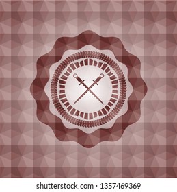 crossed swords icon inside red emblem with geometric pattern background. Seamless.