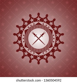 crossed swords icon inside red emblem. Retro