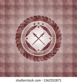 crossed swords icon inside red seamless emblem or badge with geometric pattern background.