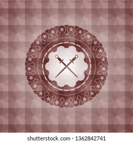 crossed swords icon inside red badge with geometric pattern background. Seamless.