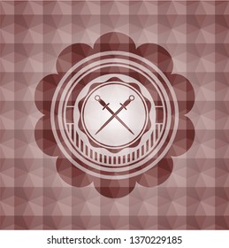 crossed swords icon inside red seamless emblem with geometric pattern background.