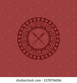 crossed swords icon inside red emblem. Vintage.