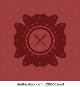 crossed swords icon inside red emblem