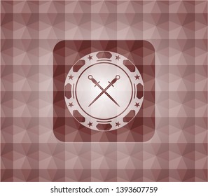 crossed swords icon inside red seamless geometric pattern emblem. Seamless.