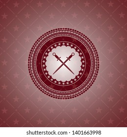 crossed swords icon inside red emblem. Vintage.