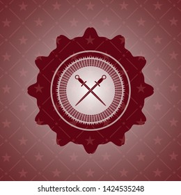 crossed swords icon inside red emblem. Retro