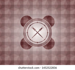 crossed swords icon inside red seamless emblem or badge with abstract geometric polygonal pattern background.
