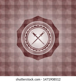 crossed swords icon inside red geometric badge. Seamless.