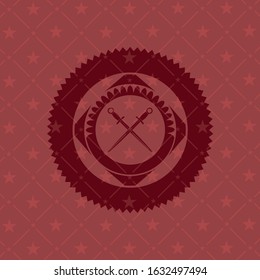 crossed swords icon inside red emblem