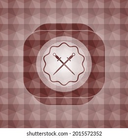 crossed swords icon inside red seamless emblem with geometric pattern. 
