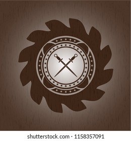 crossed swords icon inside retro style wood emblem