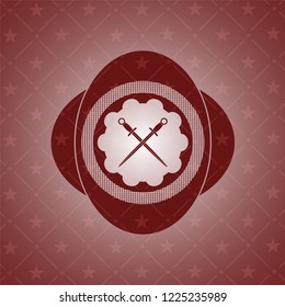 crossed swords icon inside retro style red emblem