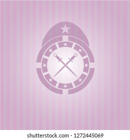 crossed swords icon inside retro pink emblem