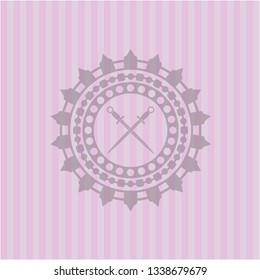 crossed swords icon inside retro pink emblem