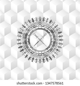 crossed swords icon inside retro style grey emblem with geometric cube white background