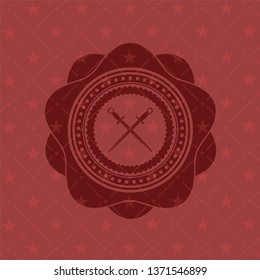 crossed swords icon inside retro red emblem