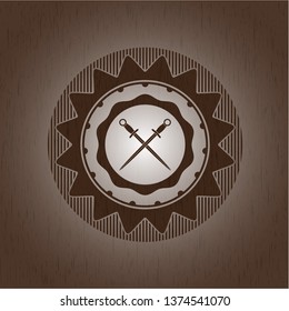 crossed swords icon inside retro wood emblem
