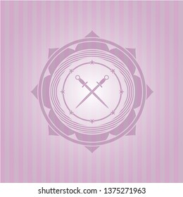 crossed swords icon inside retro pink emblem