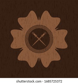 crossed swords icon inside retro wooden emblem