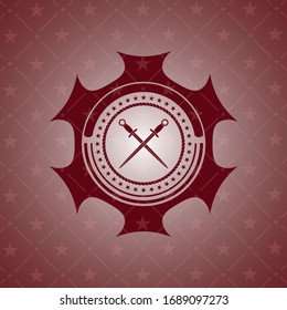 Icono de espadas cruzadas dentro del emblema rojo estilo retro