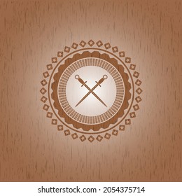 crossed swords icon inside retro style wooden emblem. 