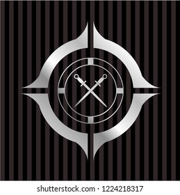 crossed swords icon inside silver shiny emblem