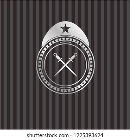 crossed swords icon inside silver badge