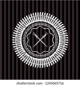 crossed swords icon inside silver badge or emblem