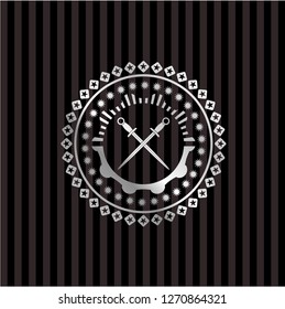 crossed swords icon inside silver badge