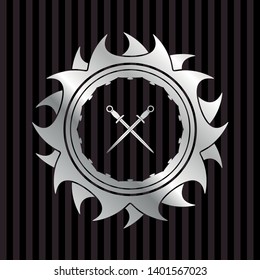crossed swords icon inside silver shiny emblem
