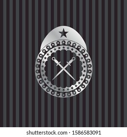 crossed swords icon inside silver emblem or badge