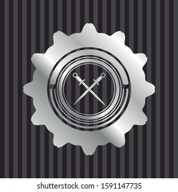 crossed swords icon inside silver badge or emblem