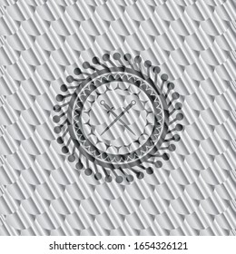 crossed swords icon inside silver shiny emblem. Scales pattern. Vector Illustration. Detailed.