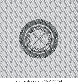 crossed swords icon inside silver color badge. Scales pattern. Vector Illustration. Detailed.